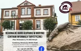 Grafika Centrum Informacji Turystycznej w Moryniu. Dane kontaktowe, w tle fontanna Wielkiego Raka, Burynek Geoparku