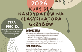 Plakat z informacją o kursie klasyfikatora grzyb&oacute;w 