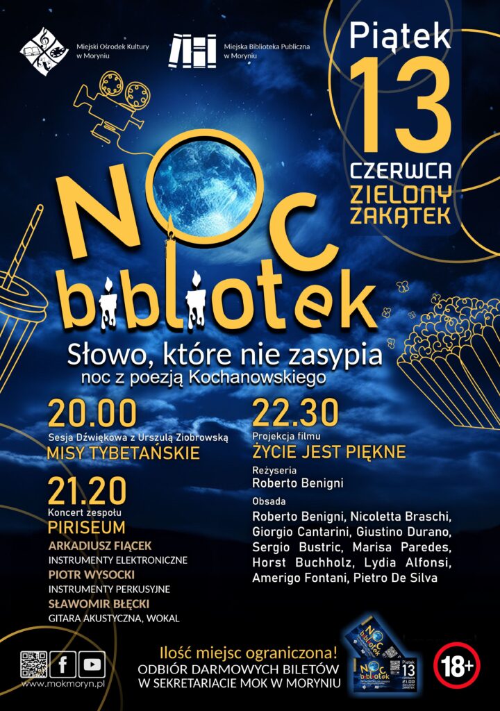 Plakat - zaproszenie na wydarzenie "Noc Bibliotek". Wyróżniona data: 13 czerwca.