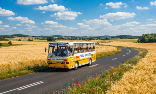 autobus jadący w śród pól 
