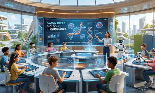 Grafika - dzieci siedzące w nowoczesnej sali lekcyjnej z nowymi technologiami