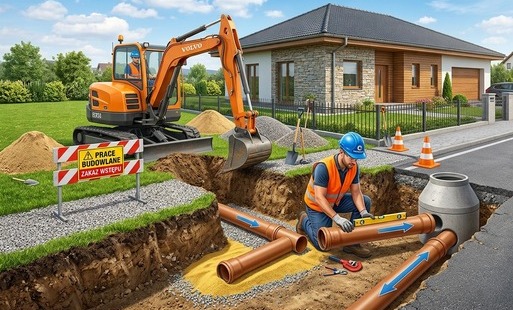 Obraz przedstawia prace budowlane polegajace na przyłączaniu budynku do kanalizacji sanitarnej