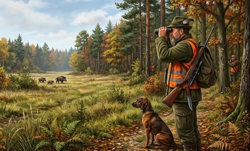 Grafika - myślwy z psem przed polaną w lesie